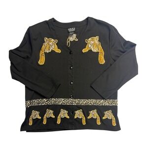 Vintage Black Long Sleeve Cardigan Sweater Tiger Print Leopard Trim Women XL